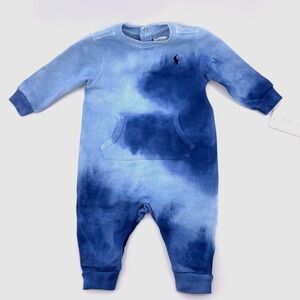 Ralph Lauren Baby Blue Cortina Tie Dye Fleece Romper 6M NWT Preppy